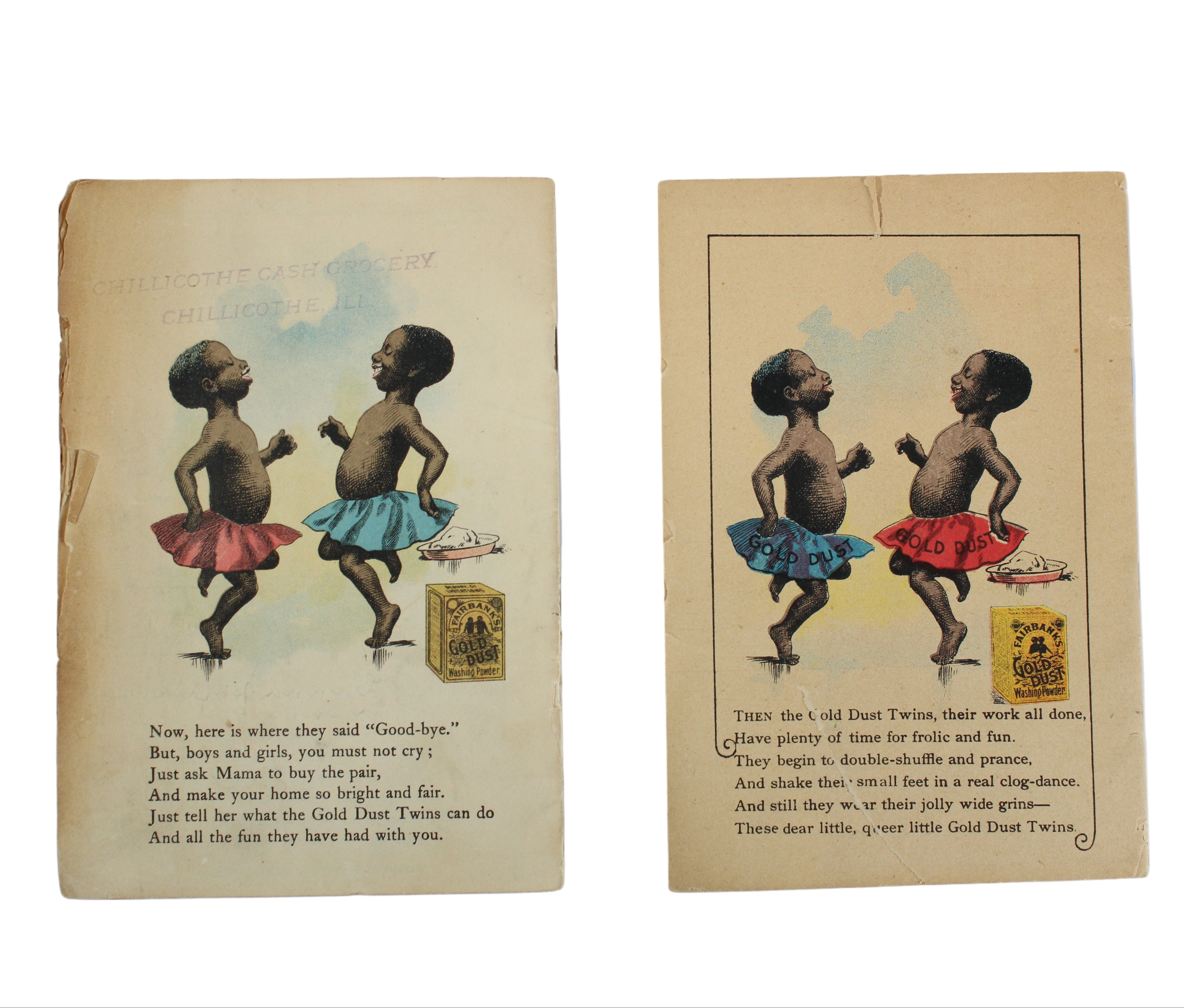Two vintage cards with illustrations of children in colorful dresses on a white background