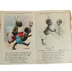 Open book with illustrations of children and text on a white background