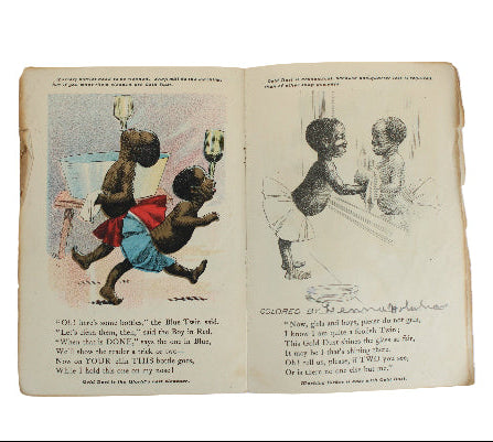 Open book with illustrations of children and text on a white background