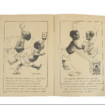 Open book with black and white illustrations of children on a light blue background