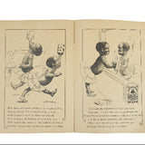 Open book with black and white illustrations of children on a light blue background