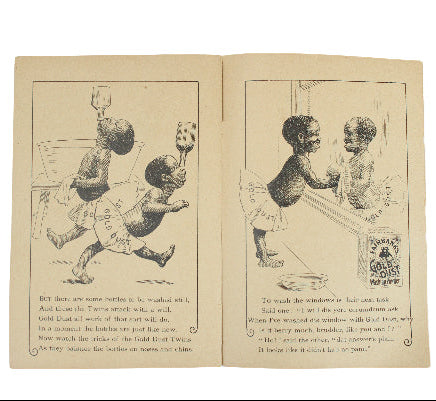 Open book with black and white illustrations of children on a light blue background