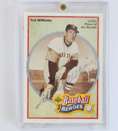 Baseball trading card featuring Ted Williams with a clear protective case on a white background