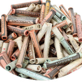 Jar filled with rolled-up paper tubes with text on a light background