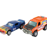 Two toy cars, one blue and one orange with graphics, on a white background