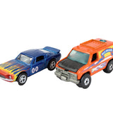 Two toy cars, one blue and one orange with graphics, on a white background