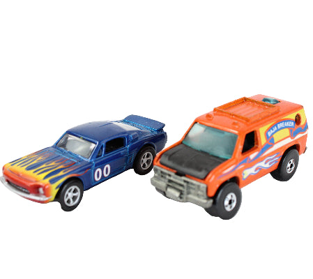 Two toy cars, one blue and one orange with graphics, on a white background
