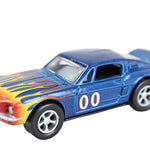 Blue toy car with flame design and number 00 on a white background