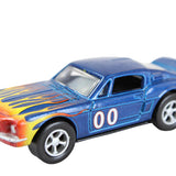 Blue toy car with flame design and number 00 on a white background
