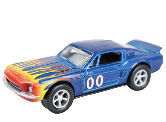 Blue toy car with flame design and number 00 on a white background