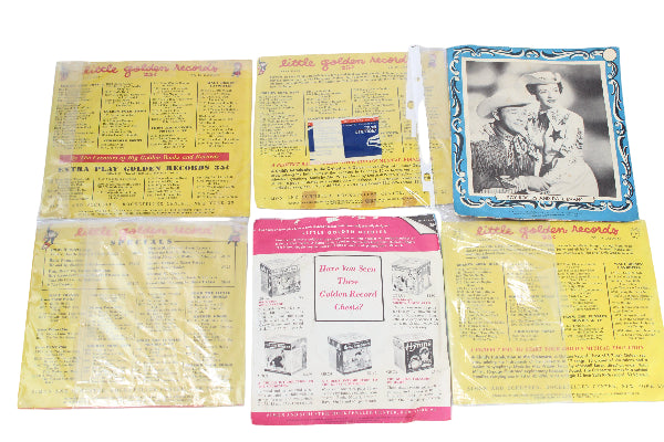 Collection of Little Golden Records packaging with promotional text and images on a white background