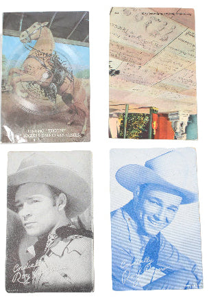 Four vintage-style cards featuring images of a cowboy and scenic landscapes.