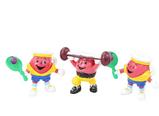 Four colorful character figurines performing different activities on a white background
