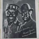 Vintage black and white photo of two men with a radio and 'Amos 'n' Andy' branding.