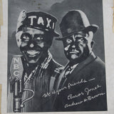 Vintage black and white photo of two men with a radio and 'Amos 'n' Andy' branding.