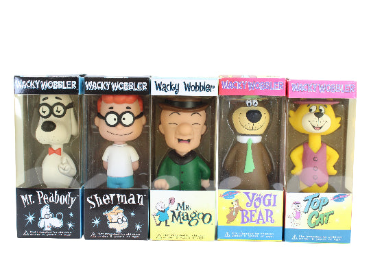 Set of five Wacky Wobbler figurines in their packaging on a white background