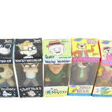 Five colorful boxes featuring cartoon characters on a white background