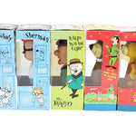 Set of five cartoon character boxes with colorful illustrations on a white background