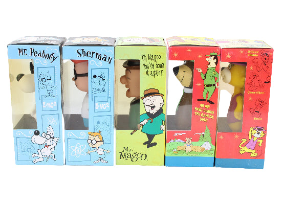 Set of five cartoon character boxes with colorful illustrations on a white background