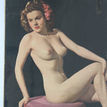Vintage-style poster of a nude woman with a pink dress against a dark background