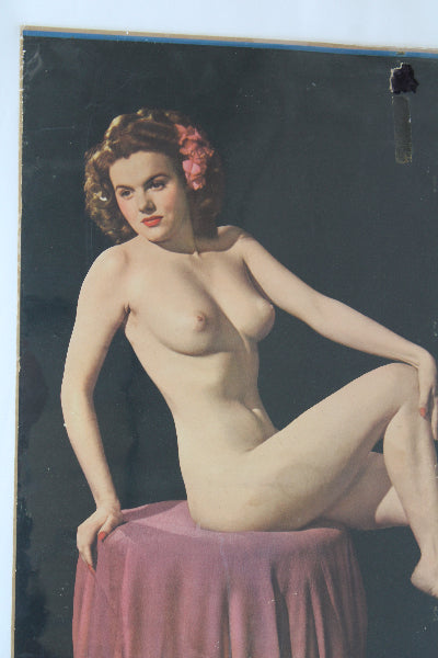 Vintage-style poster of a nude woman with a pink dress against a dark background