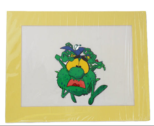 Colorful cartoon character on a white background with a yellow border