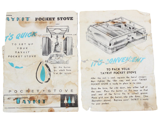 Two pages from a Taykit pocket stove manual on a white background