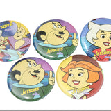 Five colorful buttons featuring characters from The Jetsons on a white background