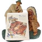 Decorative Native American figurines with a vintage-style shoe advertisement on a white background