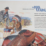Vintage advertisement featuring a man and Native American in a desert setting with text and product display.