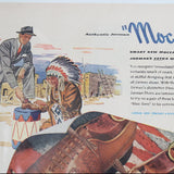 Vintage advertisement featuring a man and Native American in a desert setting with text and product display.