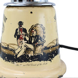 Vintage-style electric lamp with illustrations on a beige background