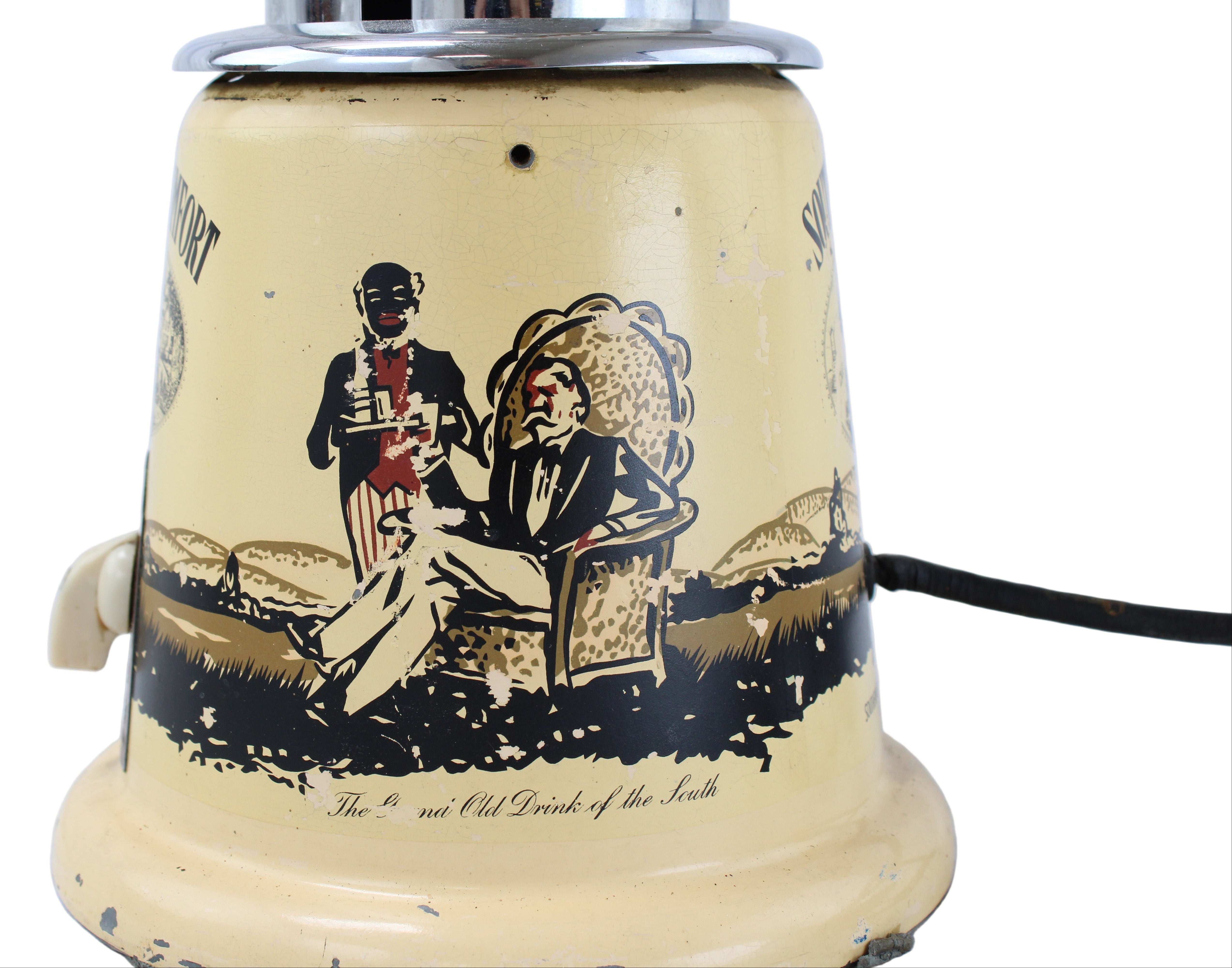 Vintage-style electric lamp with illustrations on a beige background