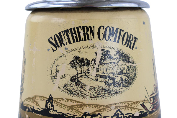 Canister labeled 'Southern Comfort' with black graphics on a beige background