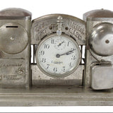Vintage electric alarm clock with savings bank on a white background