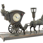 Decorative clock with horse and carriage design on a white background