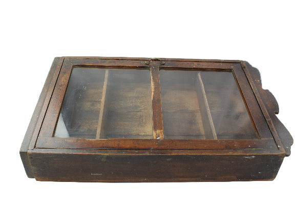 Wooden display case with glass panels on a white background