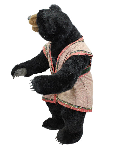 Black bear plush toy wearing a patterned coat on a white background