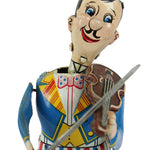 Colorful vintage toy figure of a man playing a violin on a white background