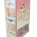 Vintage-style packaging with illustrations and text on a white background