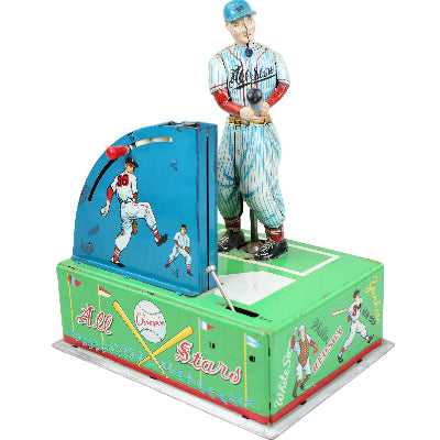 Baseball-themed arcade machine with player figures on a white background