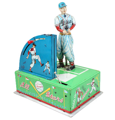 Baseball-themed arcade machine with player figures on a white background