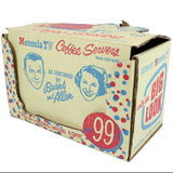 Vintage-style packaging for Motorola TV Coffee Servers with colorful graphics and text.