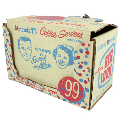 Vintage-style packaging for Motorola TV Coffee Servers with colorful graphics and text.