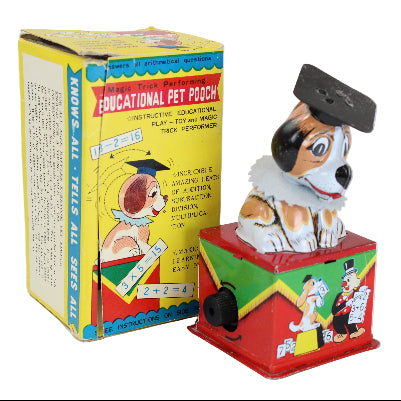 Toy dog with a box labeled 'Educational Pet Pouch' on a white background