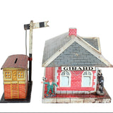 Marx Girard Tin-Litho Train Station with Whistle Connection & Non-Girard Train Building with Signal Flag