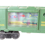 Toy train car labeled 'Traveling Aquarium' with fish illustrations on a white background