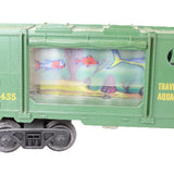 Toy train car labeled 'Traveling Aquarium' with fish illustrations on a white background