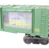 Toy train car with a screen displaying an aquarium scene, built by Lionel.