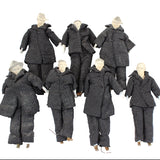 Modern Folk Art Dolls - 7 Men Dressed in Black Standing in Wood Box